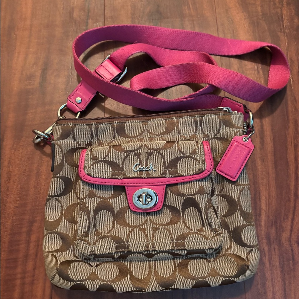 Coach Tan and Pink Signature Crossbody Bag